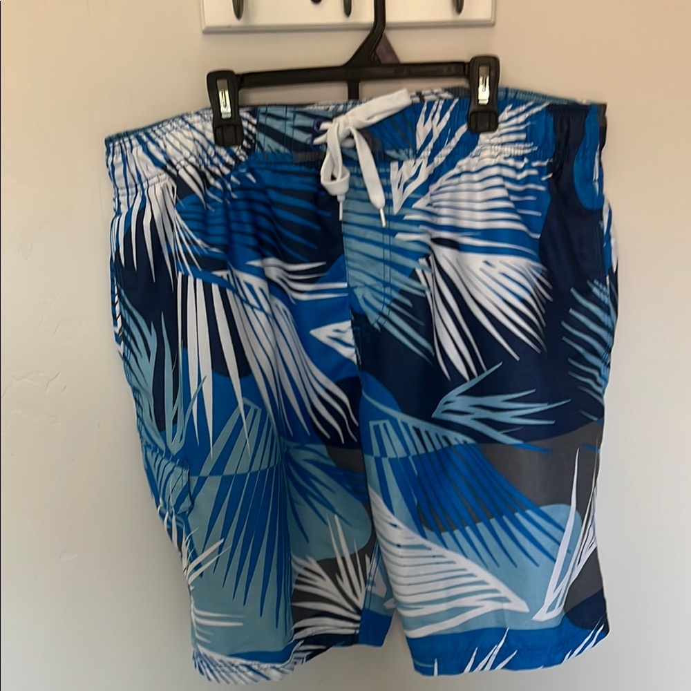 Kanu Surf Blue and White Board Shorts with Tropical Palm Print